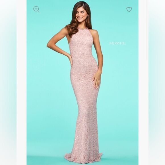 Sherri Hill Sequin lace high cut halter style fitted gown size 16 yellow NWT - Picture 1 of 6